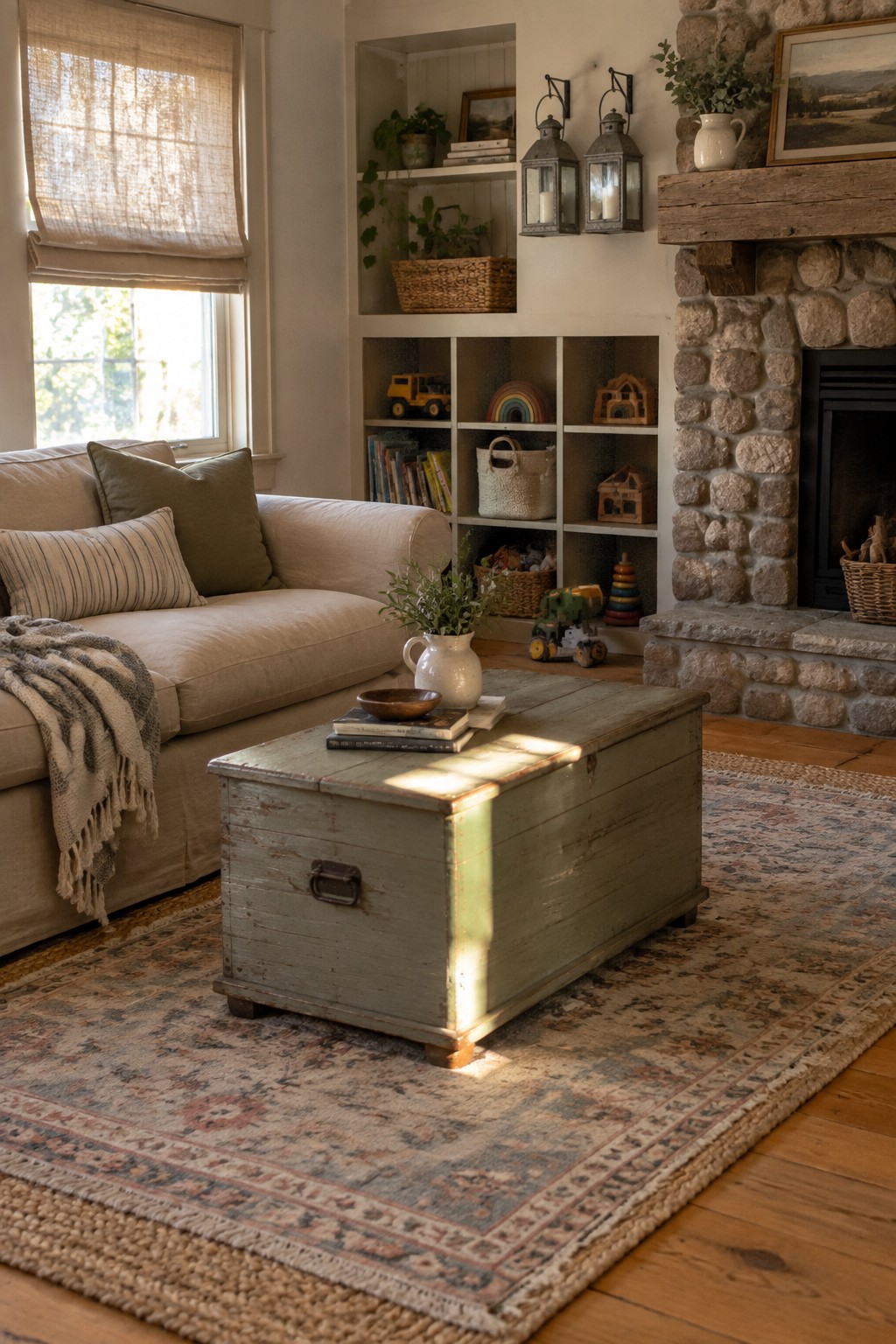 Cozy living room with beige sofa, green wooden trunk, stone fireplace, and patterned rug