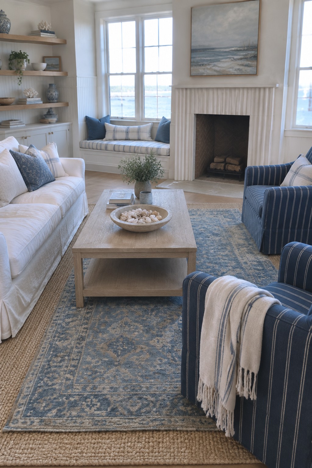 Coastal living room with white sofa, blue striped armchairs, wooden coffee table on blue rug.