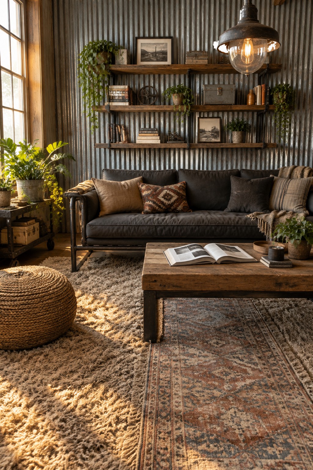 Rustic living room with dark sofa, wooden coffee table, and plant-filled shelves on metal wall