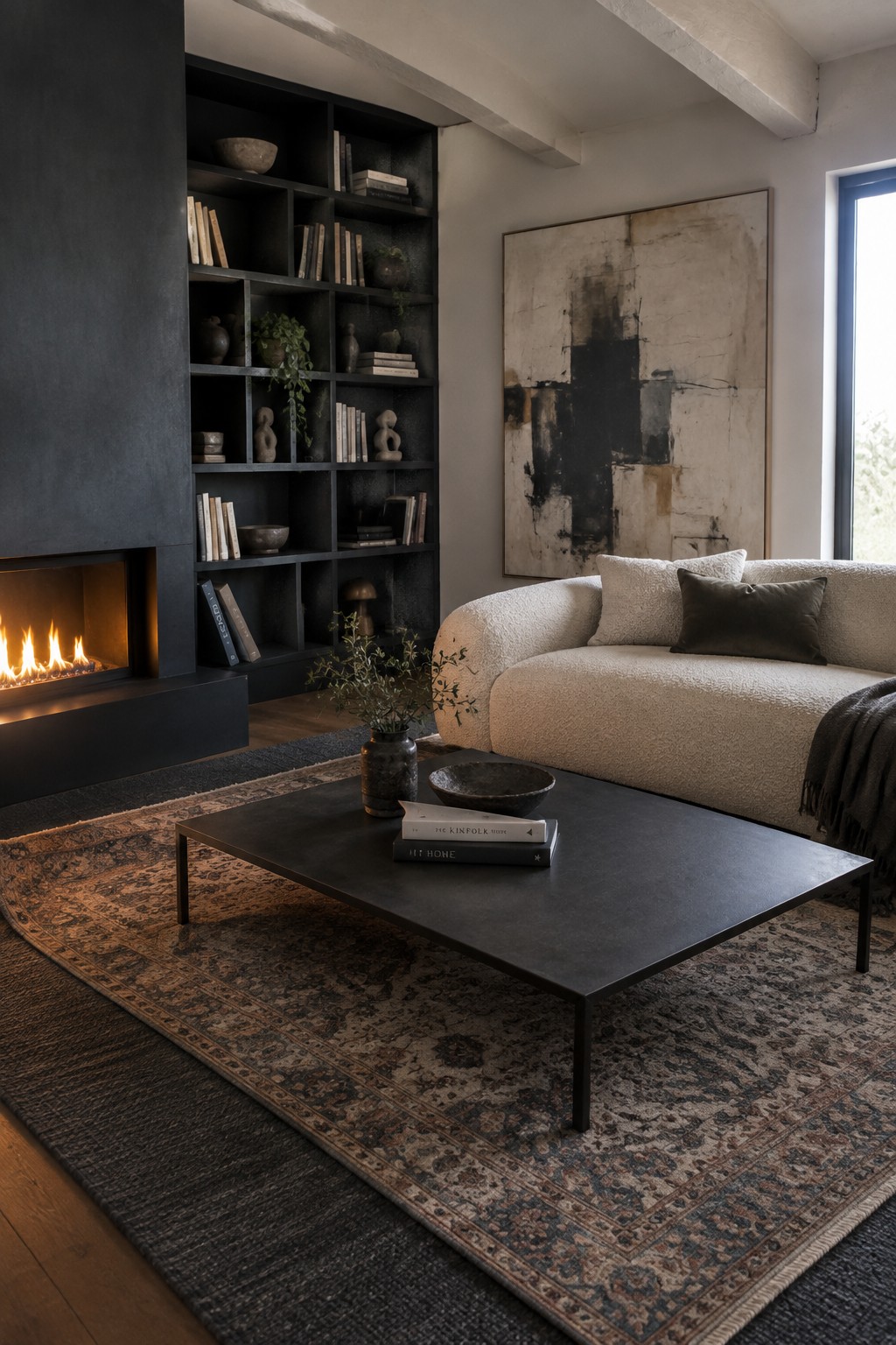 A modern living room showing a dark coffee table on layered patterned rugs, a beige sofa, black built-in shelves, and a lit fireplace.