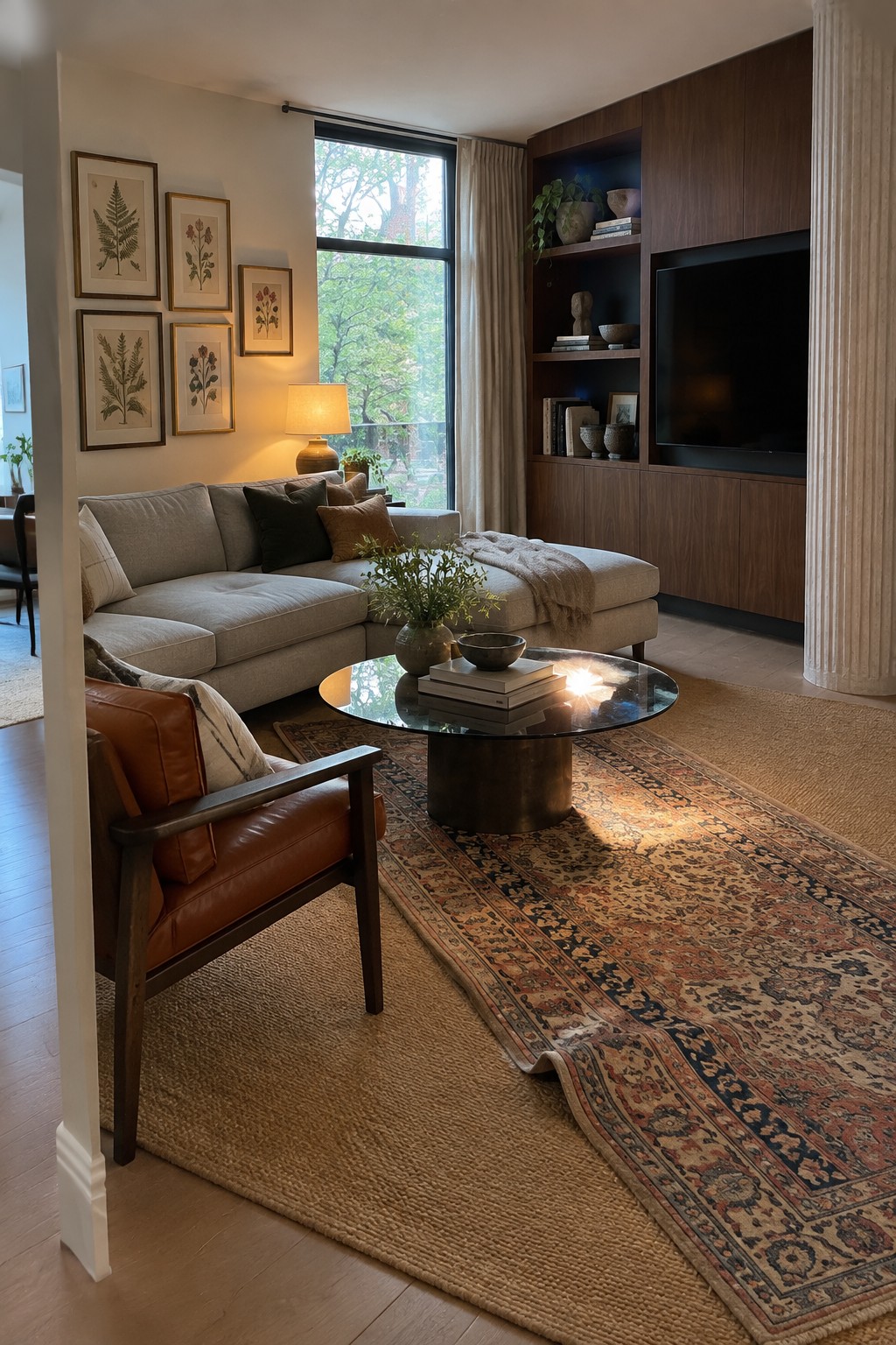 Modern living room with gray sectional sofa, leather chair, glass coffee table, and wooden shelves.
