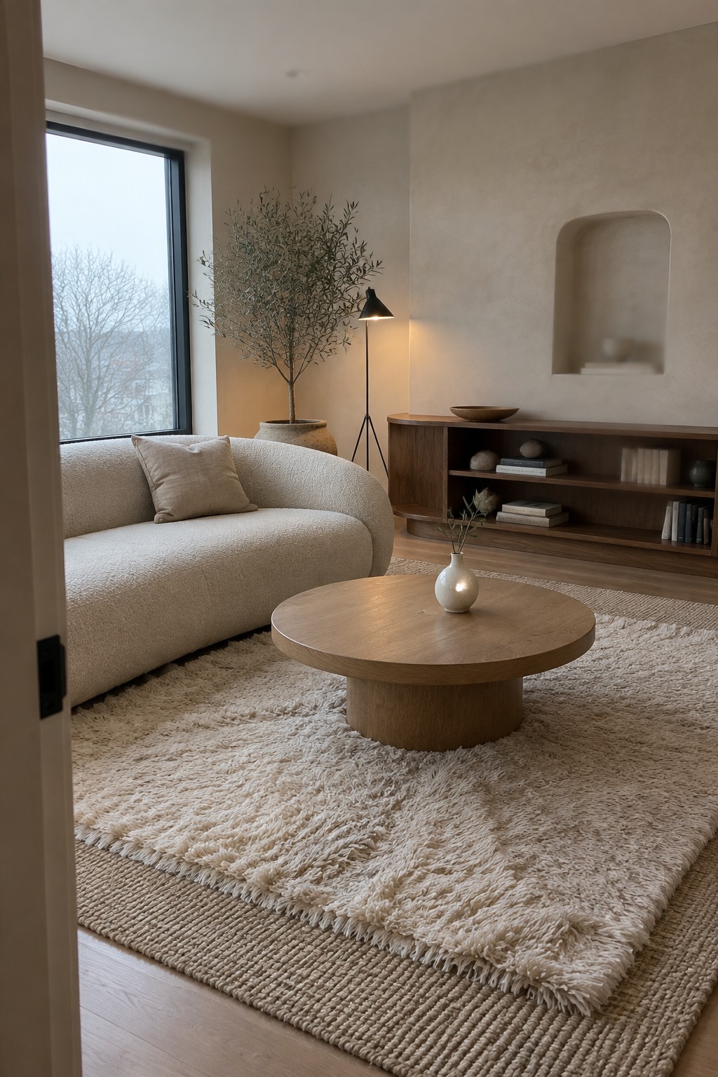 A living room with a curved beige sofa, round wooden coffee table, and two layered rugs consisting of a shaggy cream rug over a flat woven rug.