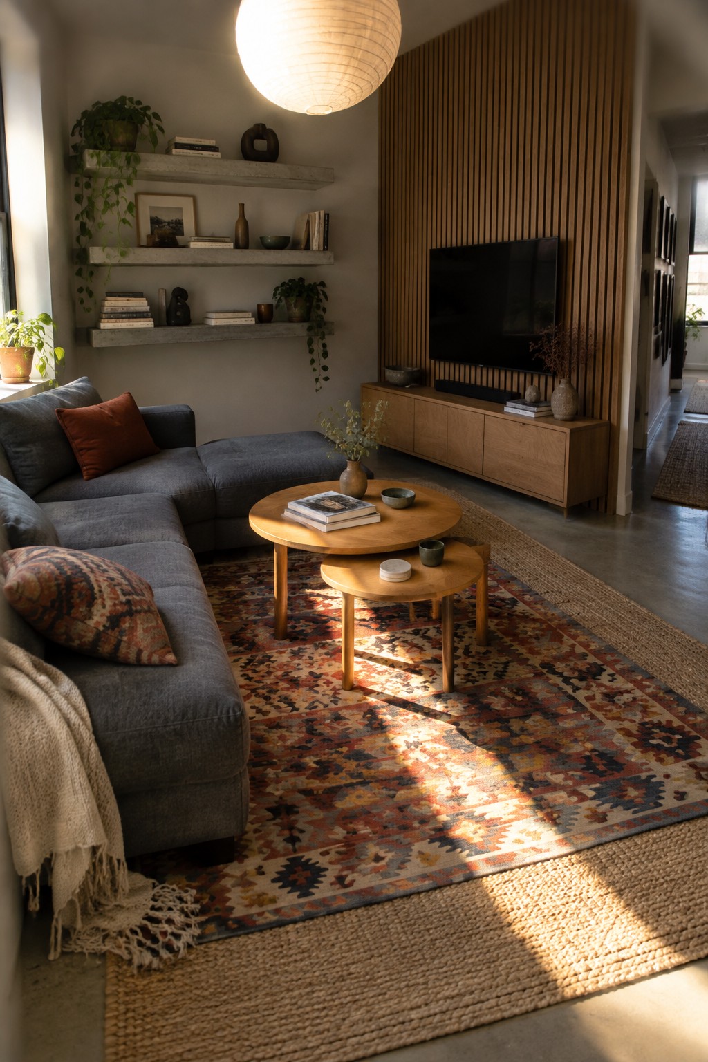 A modern living room with a gray sectional sofa, round wooden coffee tables, and two layered area rugs over a concrete floor.