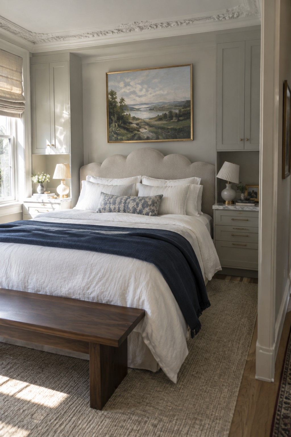 A bedroom featuring a bed with a scalloped upholstered headboard in neutral fabric, layered white bedding, and a landscape painting centered above it.