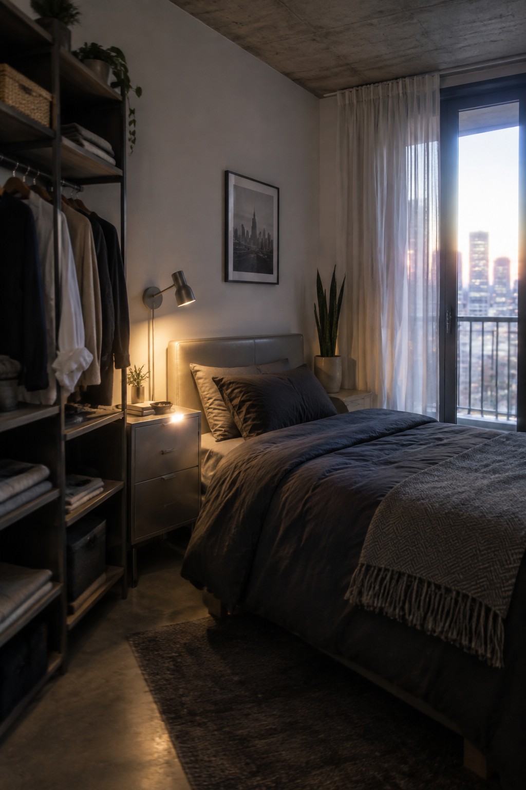 A modern bedroom featuring a gray upholstered headboard, dark bedding, a metal nightstand with a wall lamp, and a large window showing a city skyline.