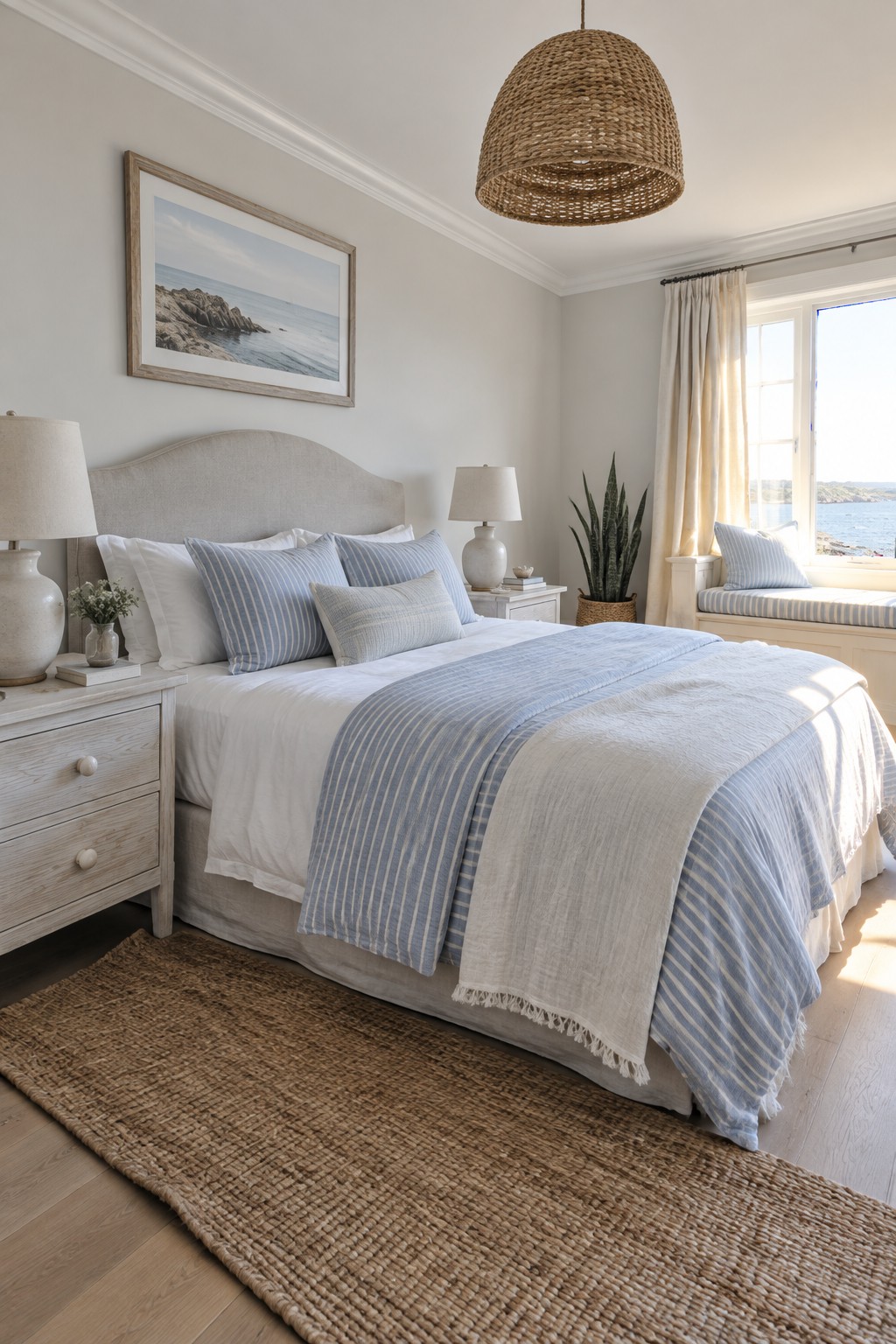 A bedroom with a curved light gray upholstered headboard, white and blue striped bedding, nightstands with lamps, and a woven pendant light.