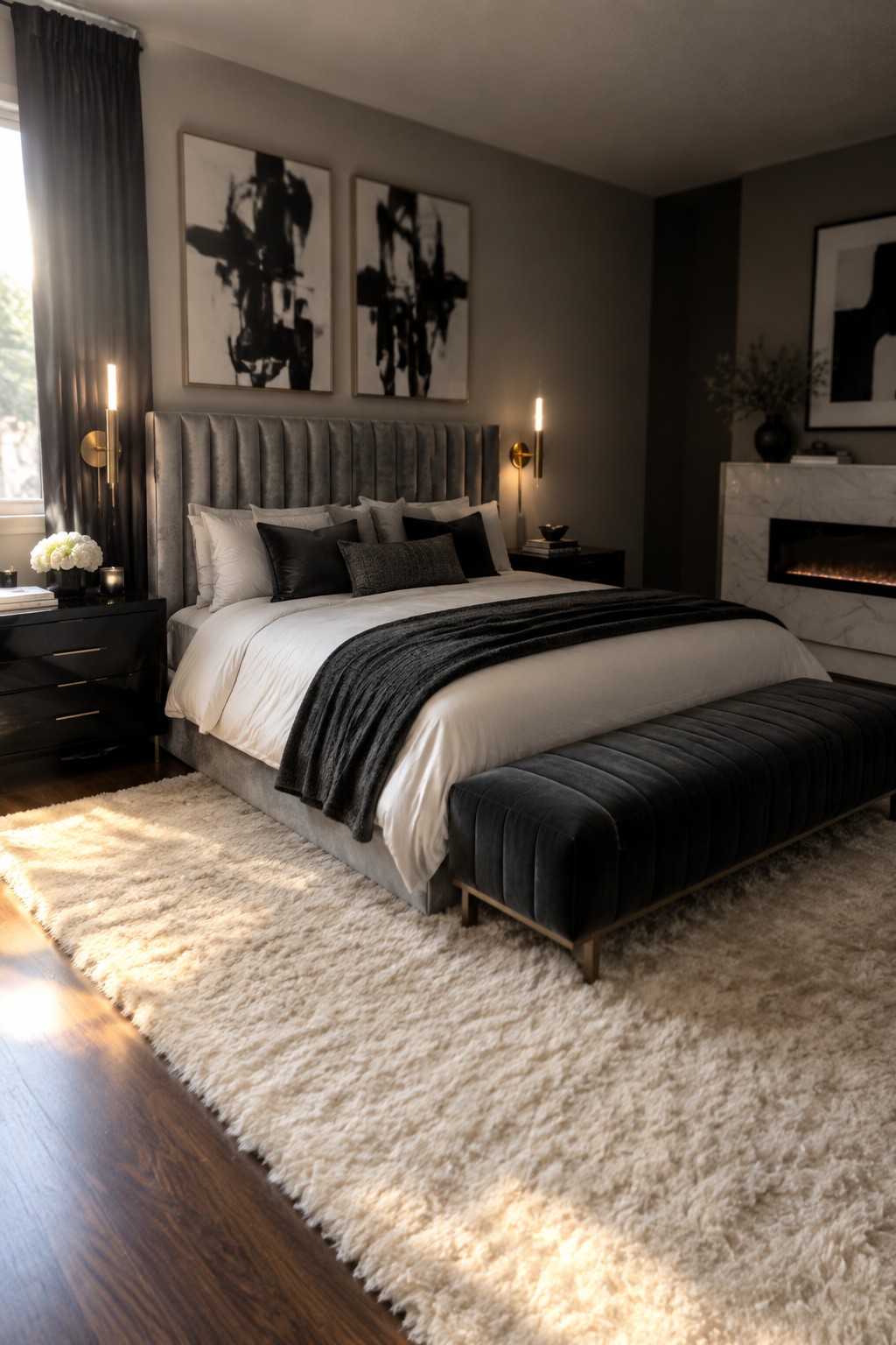 A modern bedroom with a tall gray upholstered headboard, white bedding, dark accent pillows, a velvet bench at the foot of the bed, and abstract black and white art above the headboard.