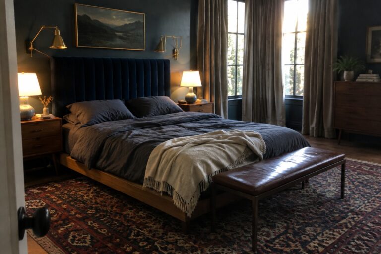 22 Dreamy Bedroom Interiors Featuring Upholstered Headboards A bedroom featuring a large bed with a tall dark blue upholstered headboard, dark bedding, wooden nightstands, and a patterned rug on the floor.