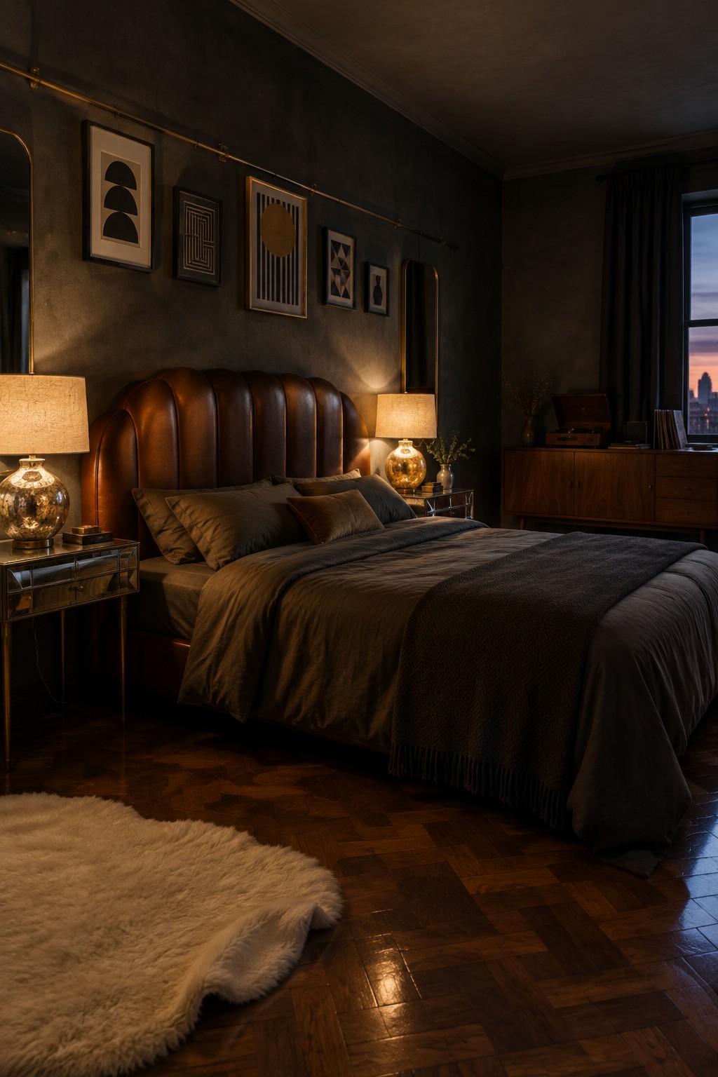 A bedroom featuring a large brown leather upholstered headboard on a dark textured wall, with two lit table lamps on either side and dark bedding.