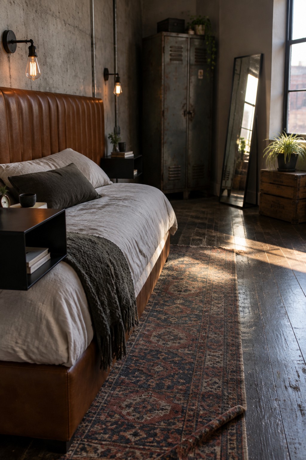 A bedroom featuring a brown leather upholstered headboard on a bed with white and gray bedding, set against a concrete wall with industrial metal lockers visible in the background.