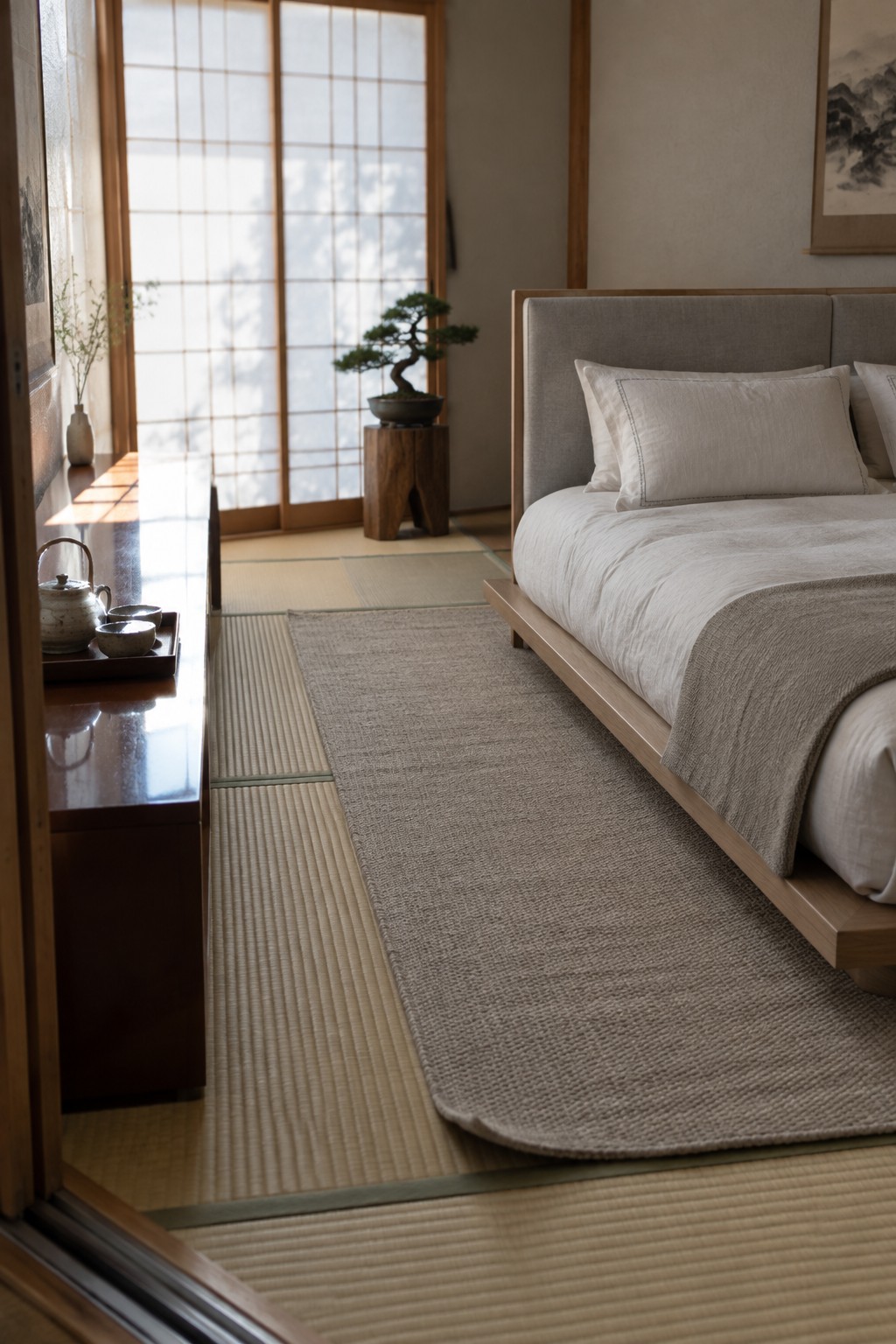 A minimalist bedroom featuring a low wooden platform bed with a gray upholstered headboard, white bedding, tatami flooring, and shoji screen doors.
