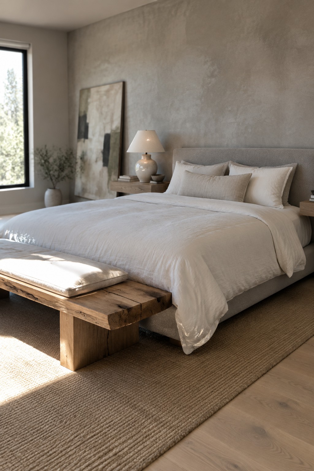 Minimalist bedroom with white bed, wooden bench, textured wall, and woven rug