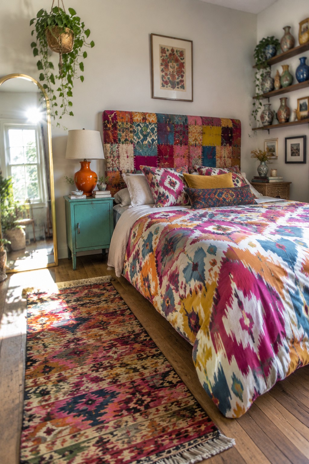 Vibrant bedroom with patchwork headboard, colorful ikat bedding, and fringed runner rug.