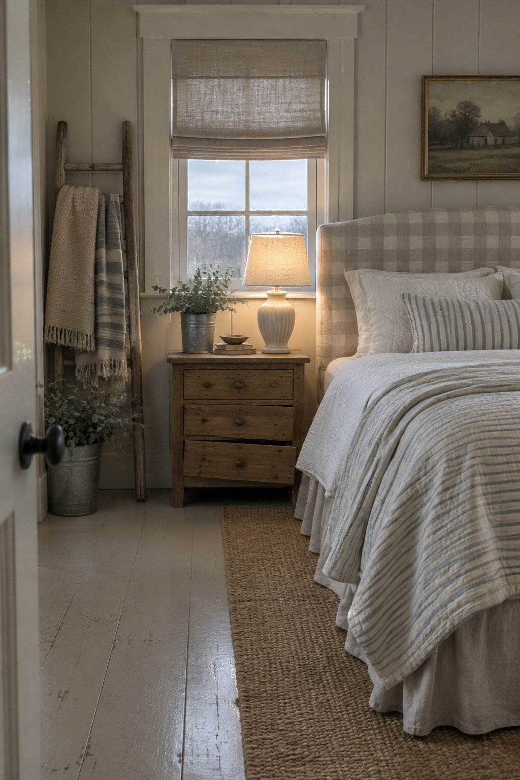 A bedroom with a bed featuring a beige and white checkered upholstered headboard, white and striped bedding, a wooden nightstand with a lit lamp, and a window with a rolled shade.
