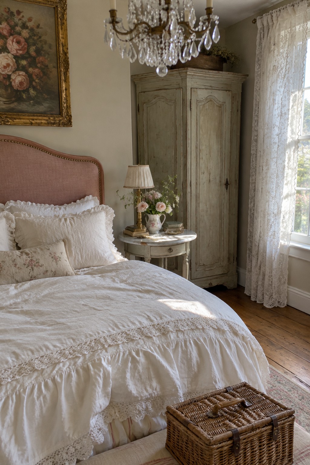 A bedroom featuring a pink upholstered headboard on a bed with white lace-trimmed linens, a crystal chandelier above, a distressed armoire, and a window with sheer lace curtains.