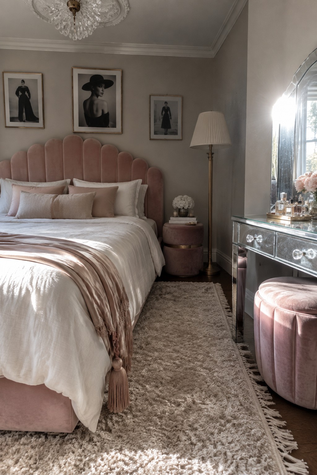 Elegant pink velvet bedroom with scalloped headboard, shag rug, crystal chandelier, and mirrored vanity.