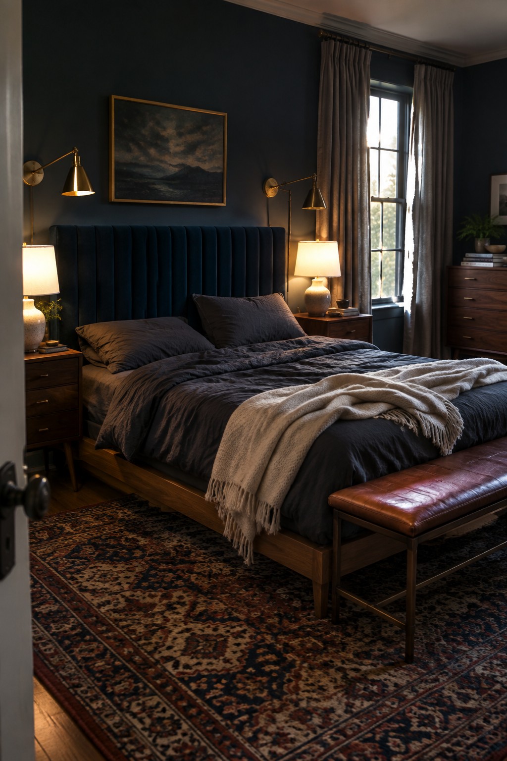 A bedroom featuring a large bed with a tall dark blue upholstered headboard, dark bedding, wooden nightstands, and a patterned rug on the floor.