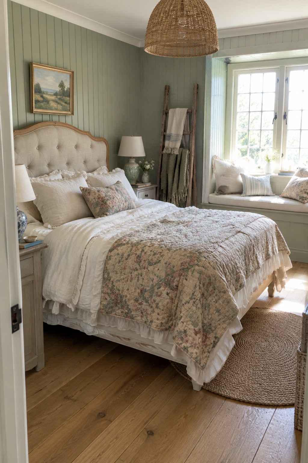 A bedroom featuring a large bed with a tufted beige upholstered headboard, layered white and floral bedding, a wooden nightstand, and a window seat with cushions under tall windows.