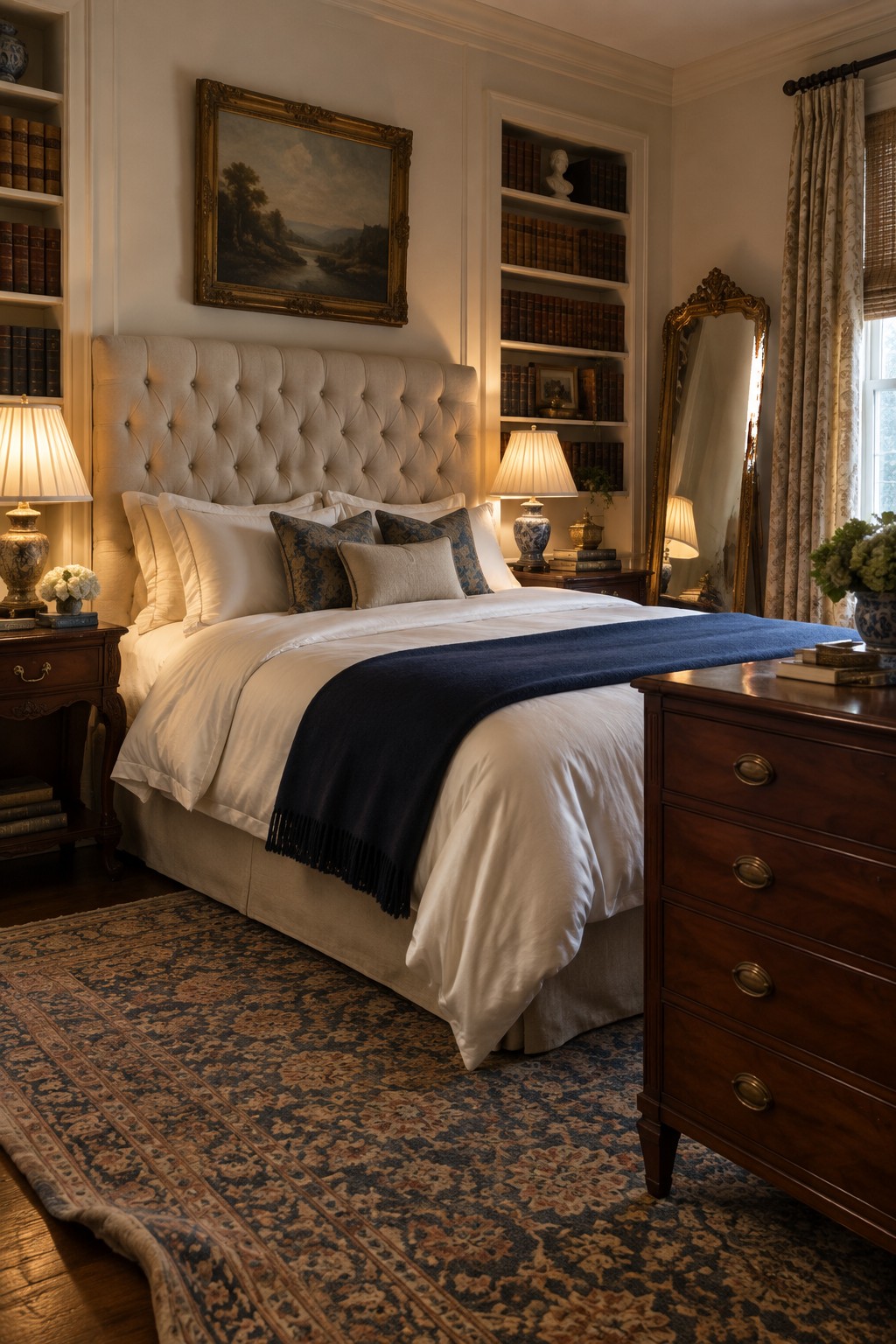 A bedroom with a large tufted beige upholstered headboard, white bedding, a navy throw, wooden nightstands and dresser, built-in bookshelves, and a patterned rug.
