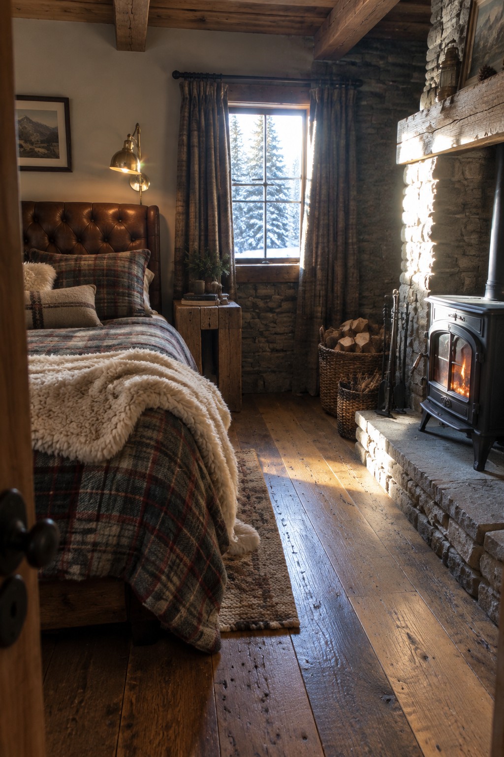 Cozy rustic bedroom with plaid bedding, tufted leather headboard, stone fireplace, and snowy window view.
