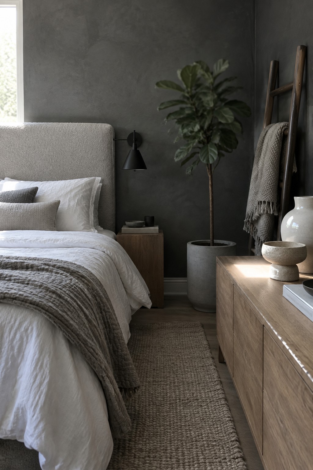A bedroom featuring a large gray upholstered headboard on a bed with white linens, positioned against a dark gray wall with a wooden nightstand and potted plant nearby.