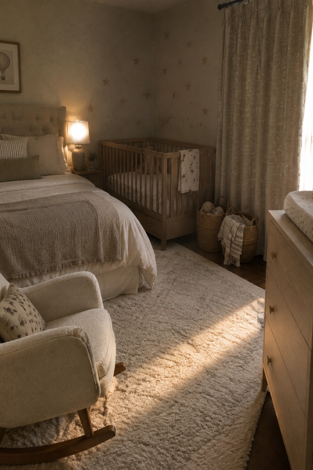 A bedroom with a large tufted upholstered bed next to a wooden crib on a white rug, with a rocking chair in the foreground.