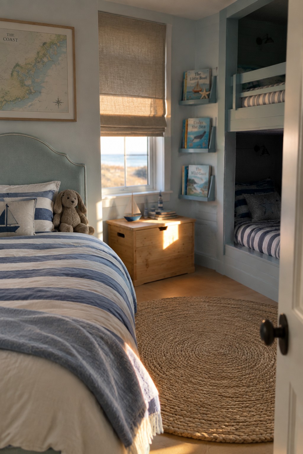 A bedroom with a light blue upholstered headboard on a bed with blue and white striped bedding, a round woven rug on the floor, and built-in bunk beds beside a window.