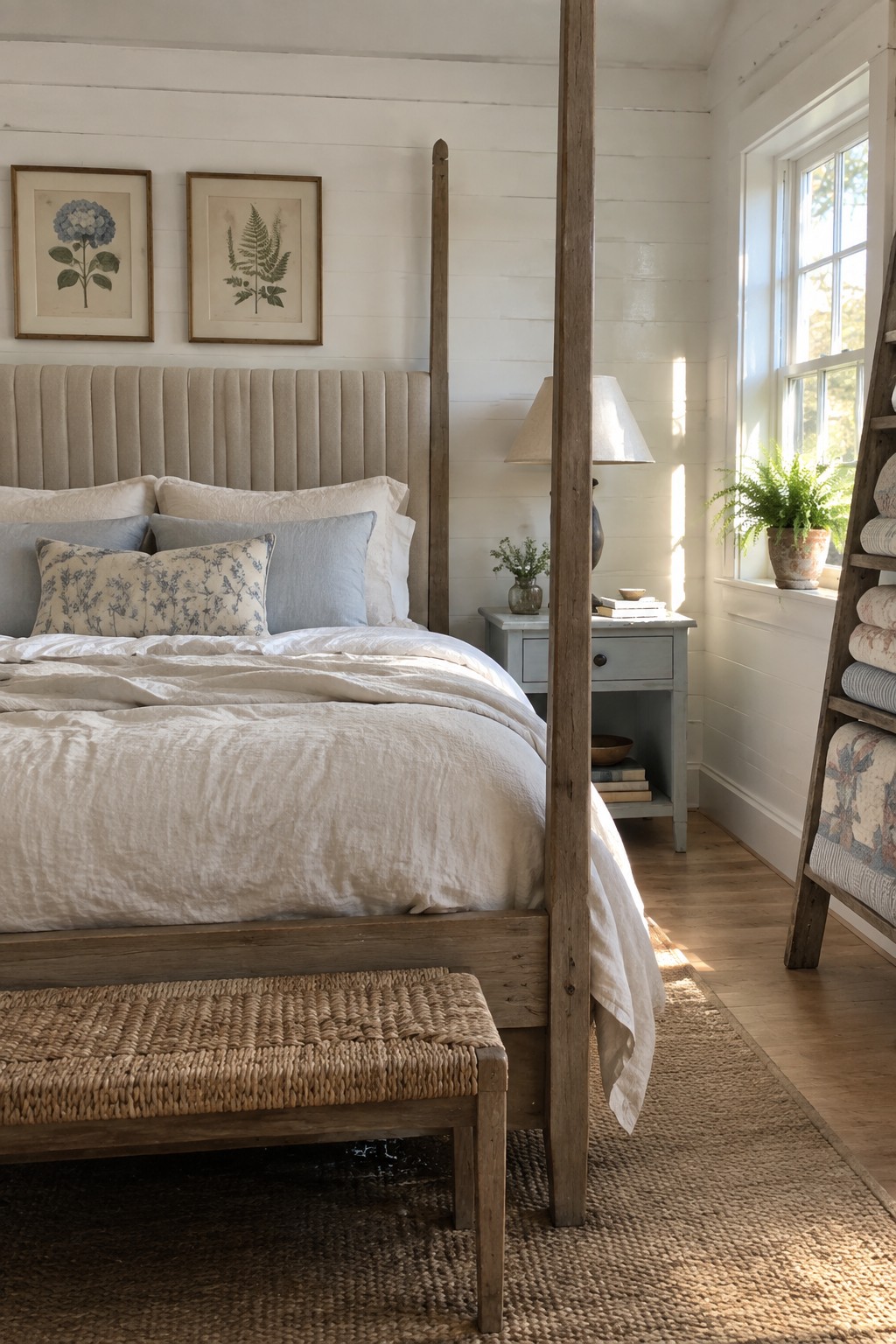 A bedroom showing a wooden four-poster bed with a tall beige upholstered headboard, white and blue bedding, a woven bench at the foot, and a light blue nightstand near a window.
