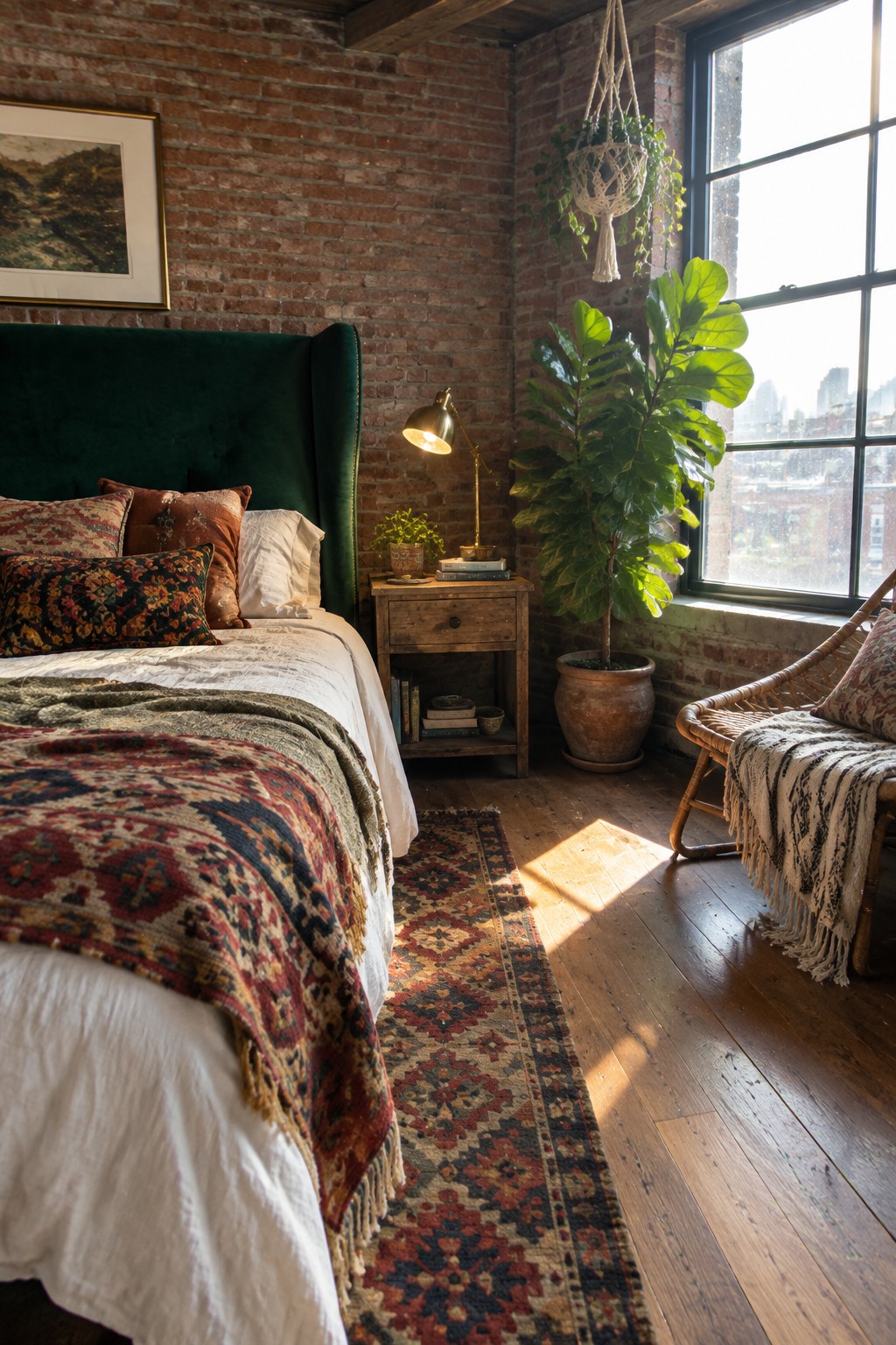 A bedroom interior showing a tall dark green velvet upholstered headboard on a bed with patterned textiles, next to a brick wall, wooden nightstand, and large window.