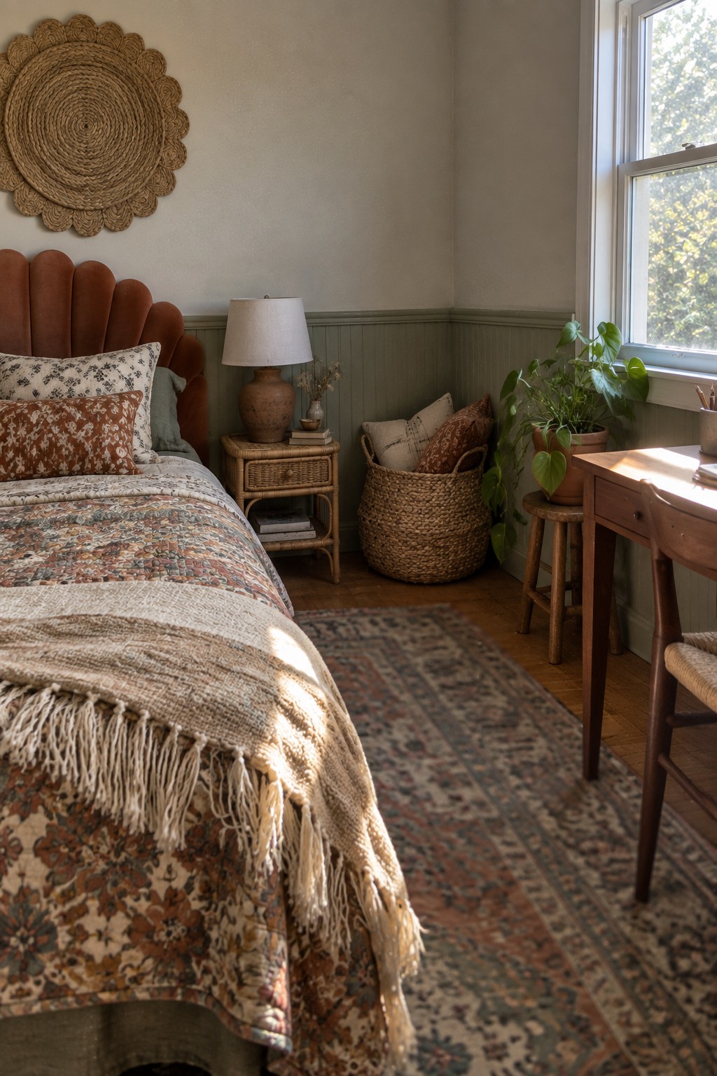 A bedroom featuring a rust-colored scalloped upholstered headboard with patterned bedding, a woven nightstand, and a large area rug on hardwood flooring.