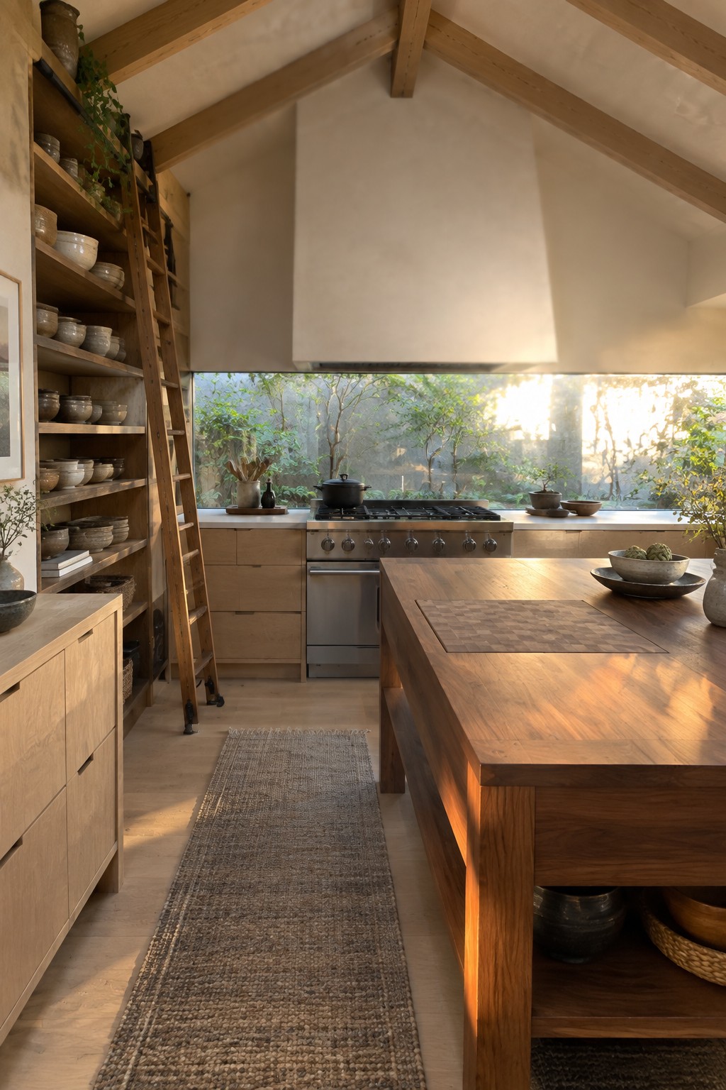 A kitchen with light wood open shelving holding ceramic bowls, a wooden ladder leaning against the shelves, a dark wood island in the foreground, and a large window showing trees outside.