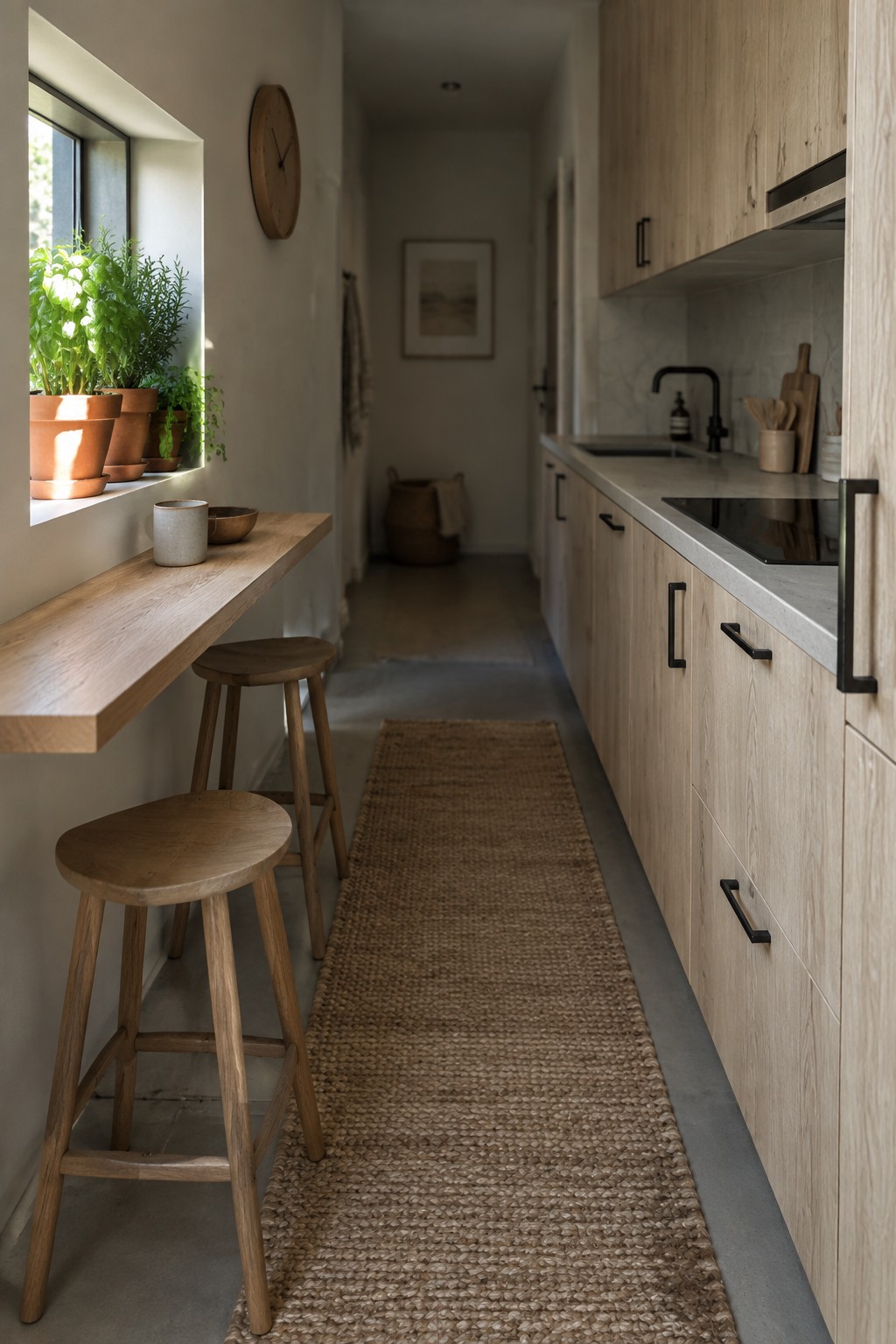 A narrow kitchen with light wood cabinets on the right, a long wooden counter with two stools under a window with potted plants on the left, and a woven runner on the concrete floor.