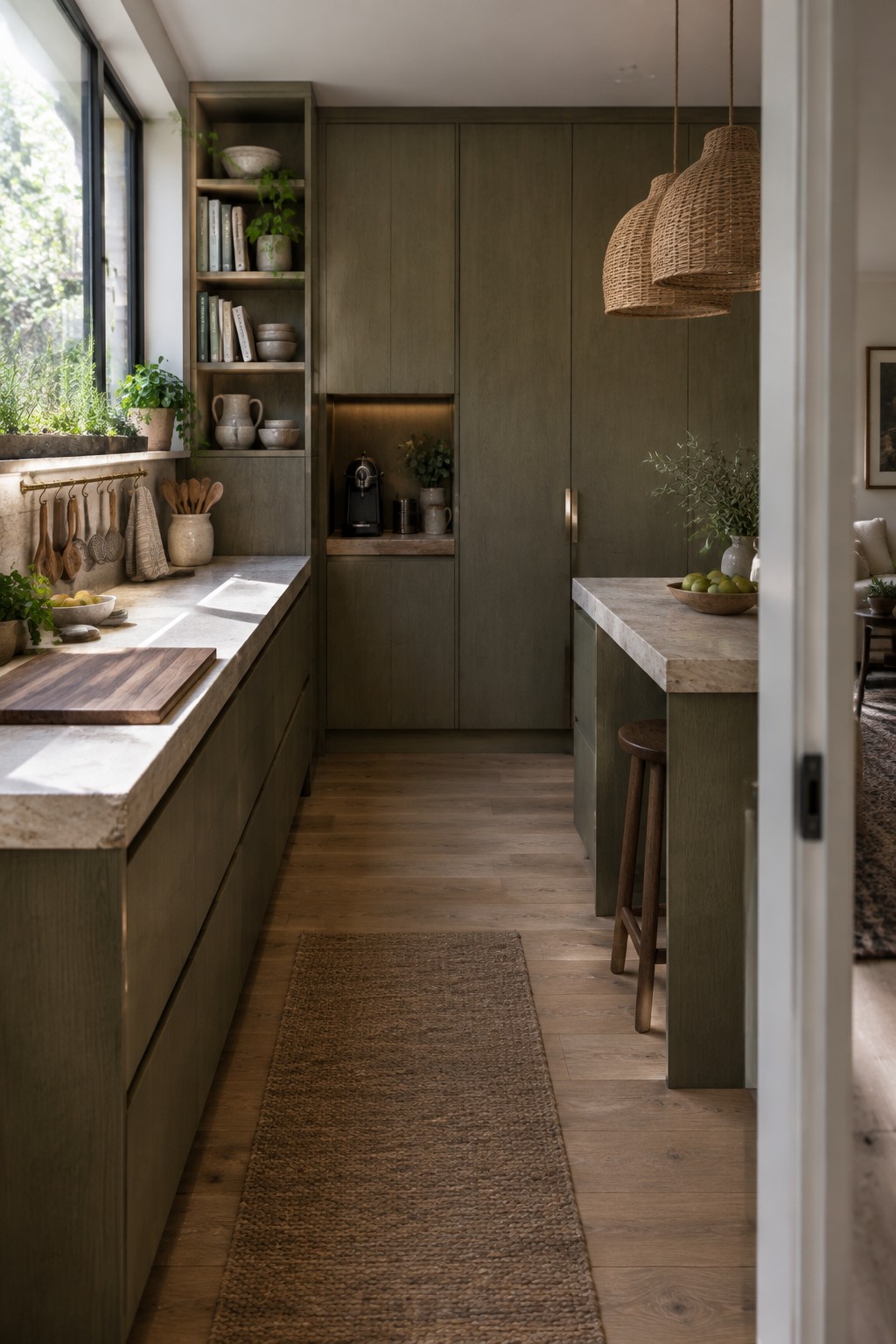 A narrow kitchen with olive green tall cabinets, stone countertops, wood flooring, open shelving filled with books and dishes on the left wall, and a peninsula with a wooden stool.