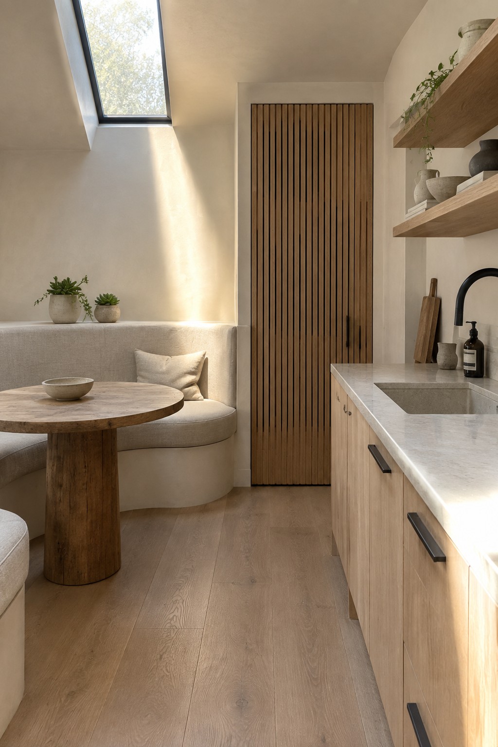 A light-filled kitchen with light wood cabinets, a marble countertop and sink, and a curved upholstered banquette paired with a round wooden dining table under a skylight.
