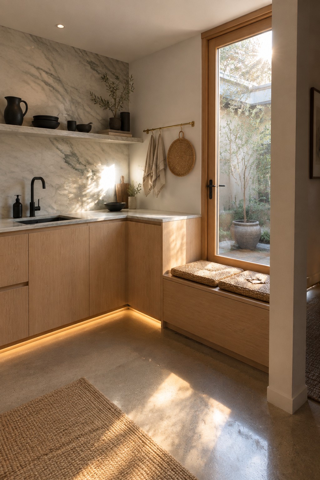 Sunlit minimalist kitchen with light wood cabinets, marble backsplash, window bench, and woven rugs.
