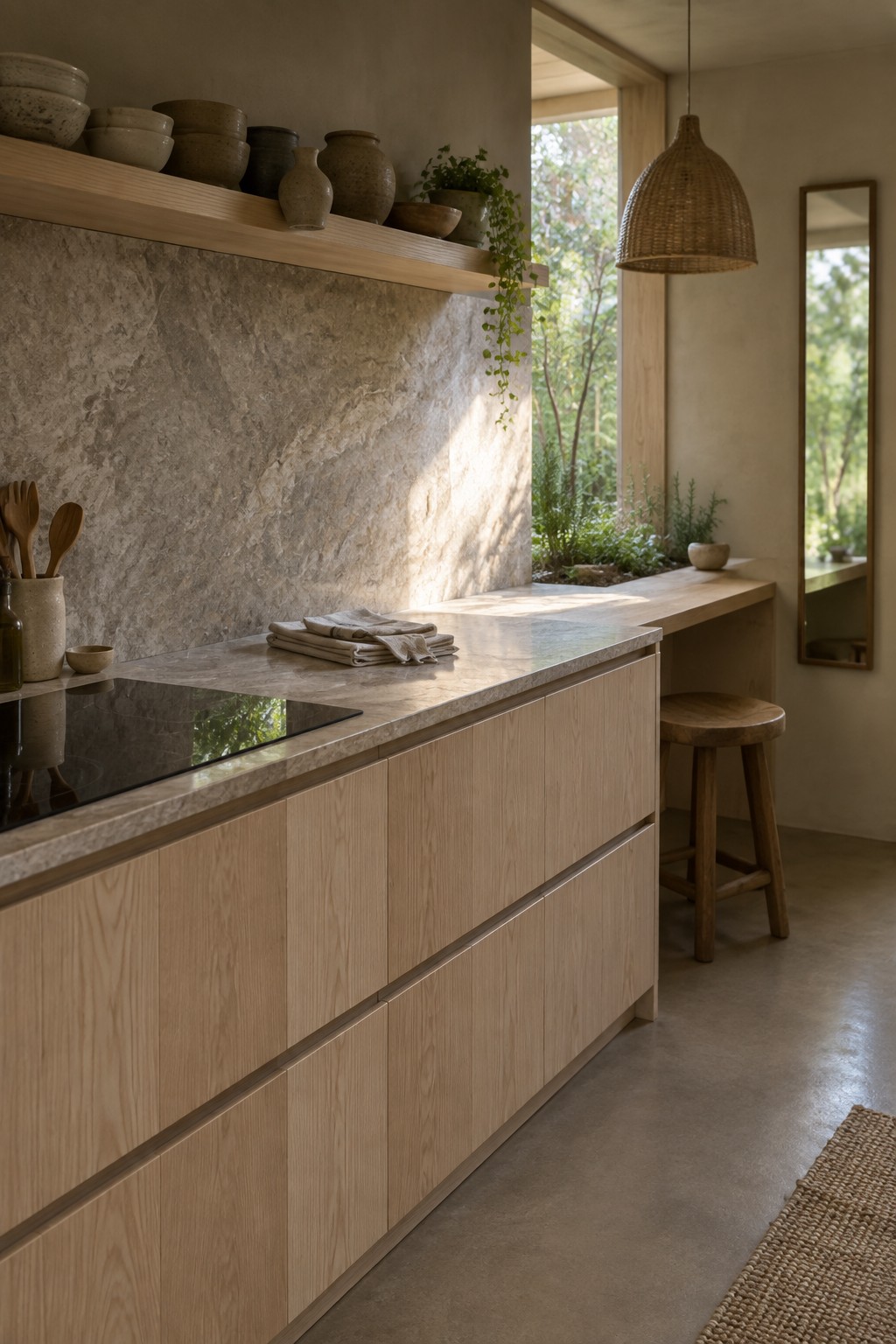 A kitchen with light wood cabinets, a continuous stone countertop and backsplash, and an open wooden shelf above.