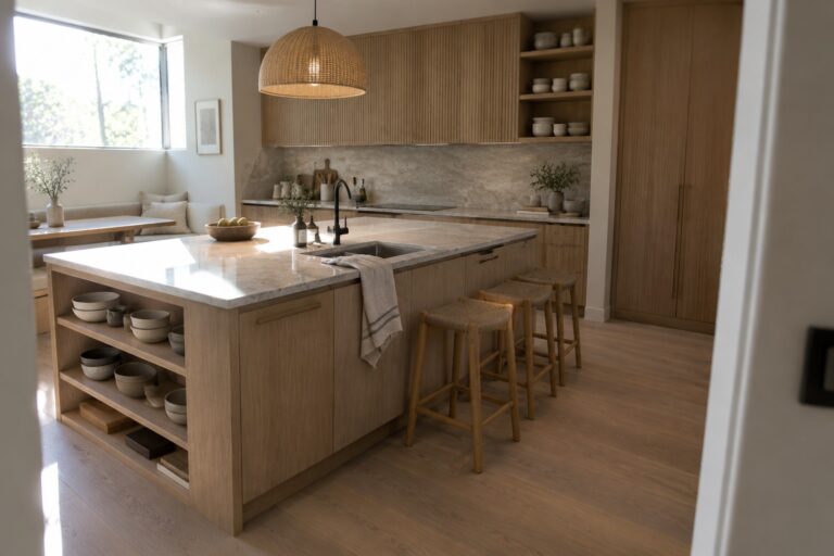 22 Elegant Japandi Kitchen Ideas Using Wood, Stone, and Soft Neutrals A kitchen interior showing a light wood island with stone countertops, open lower shelving holding ceramic dishes, a black faucet, and two wooden stools on a light wood floor.