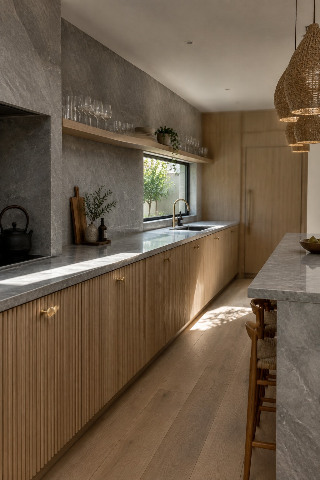 A kitchen with light wood fluted lower cabinets, gray stone countertops, an open wooden shelf above the sink, and a window looking out to trees.