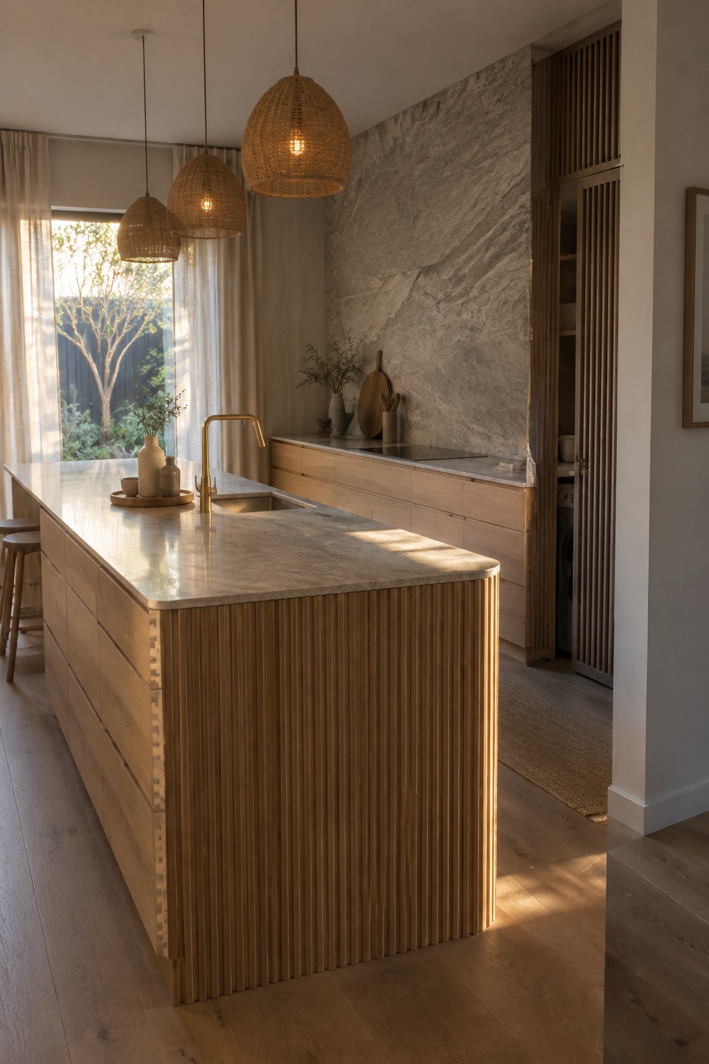 A kitchen with a large central island featuring vertical fluted wood panels, a light stone countertop, and a matching stone backsplash.