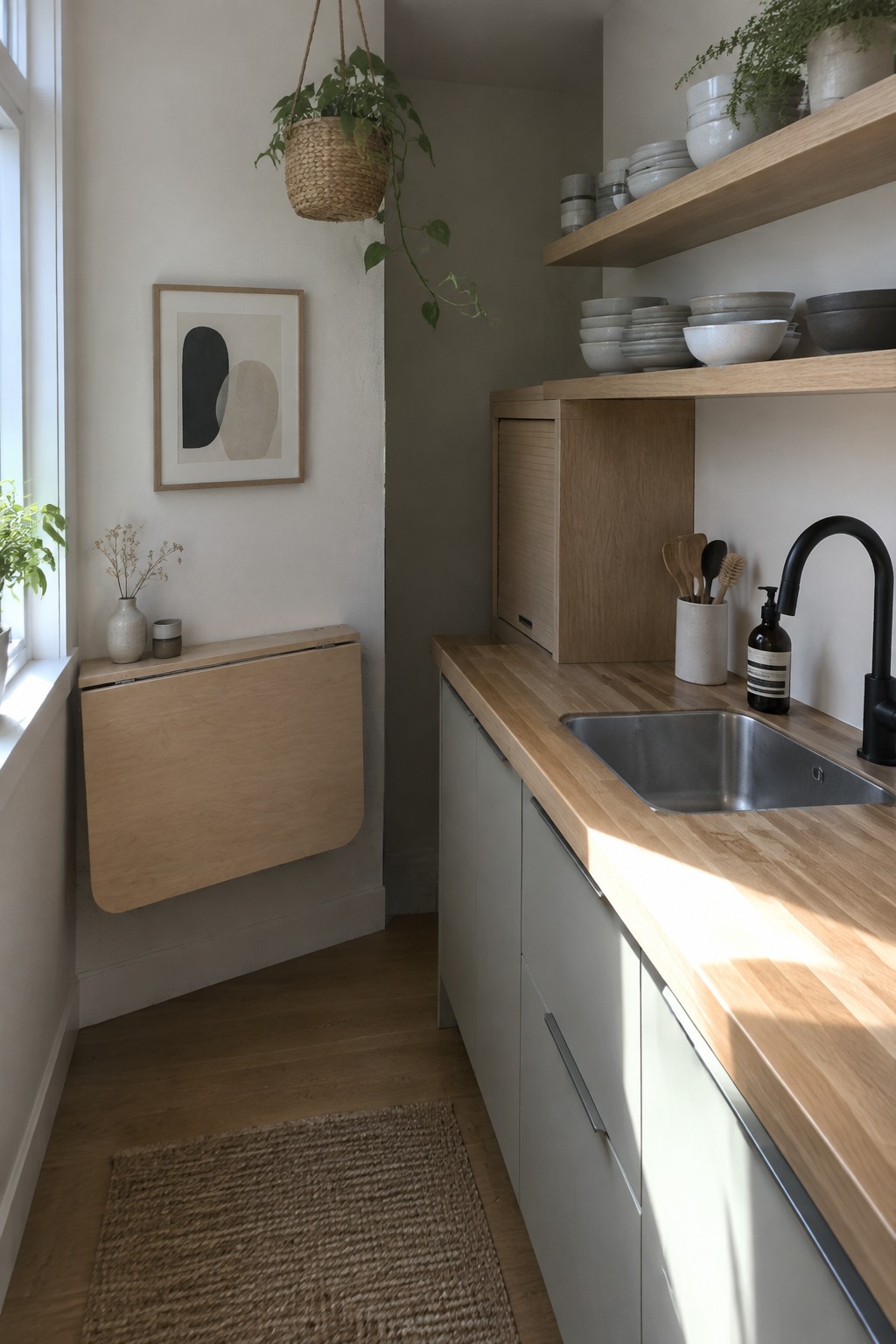 A narrow Japandi kitchen with light wood countertops, pale gray cabinets, open wooden shelves, a stainless steel sink, black faucet, and a fold-down wooden cabinet mounted on the wall beside a window.