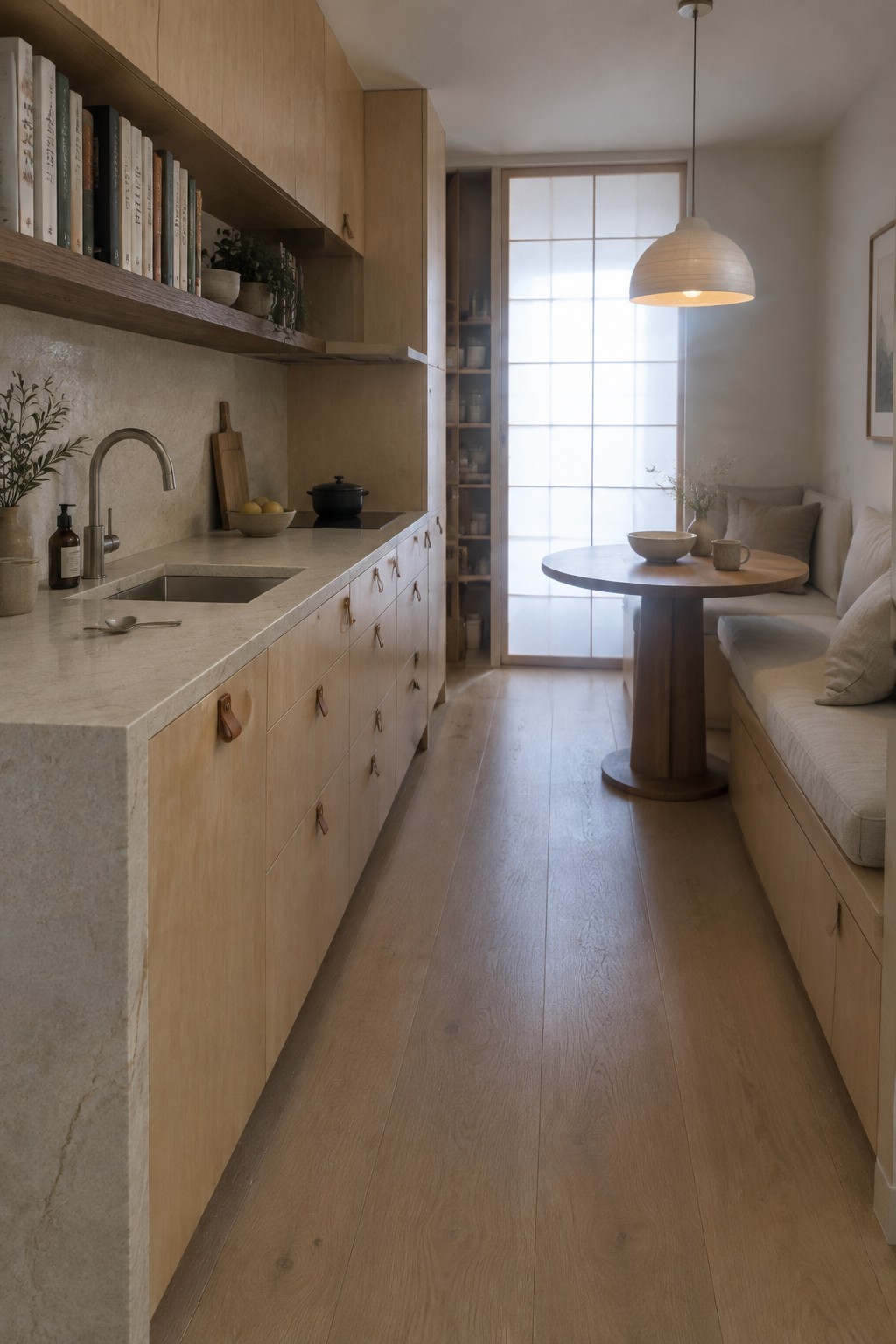 A narrow Japandi kitchen with light wood cabinets, stone countertop and sink, open wooden shelves above, and a round dining table with built-in bench seating near a shoji screen window.