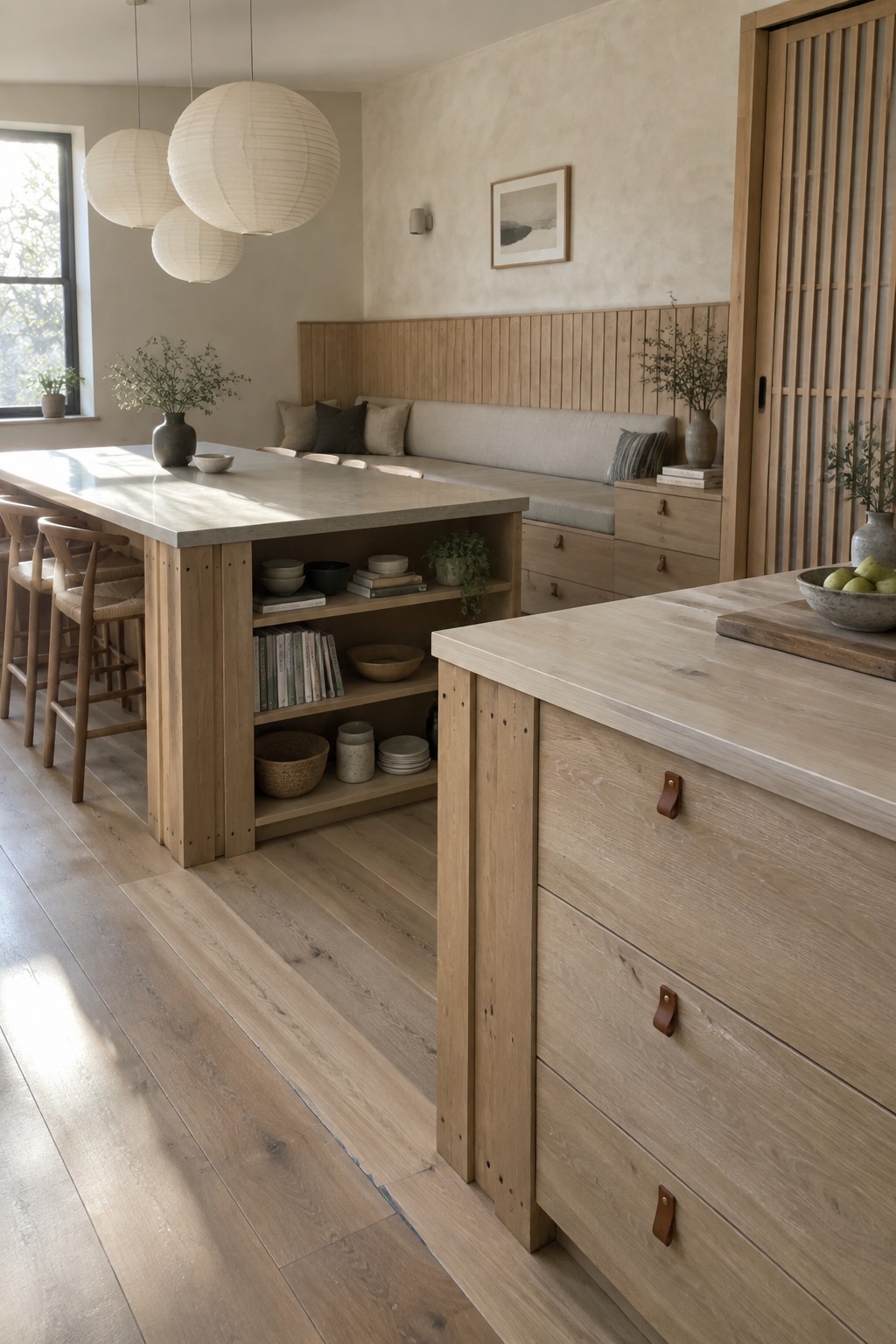 Minimalist light wood kitchen with open-shelved island, bar stools, and built-in bench nook.