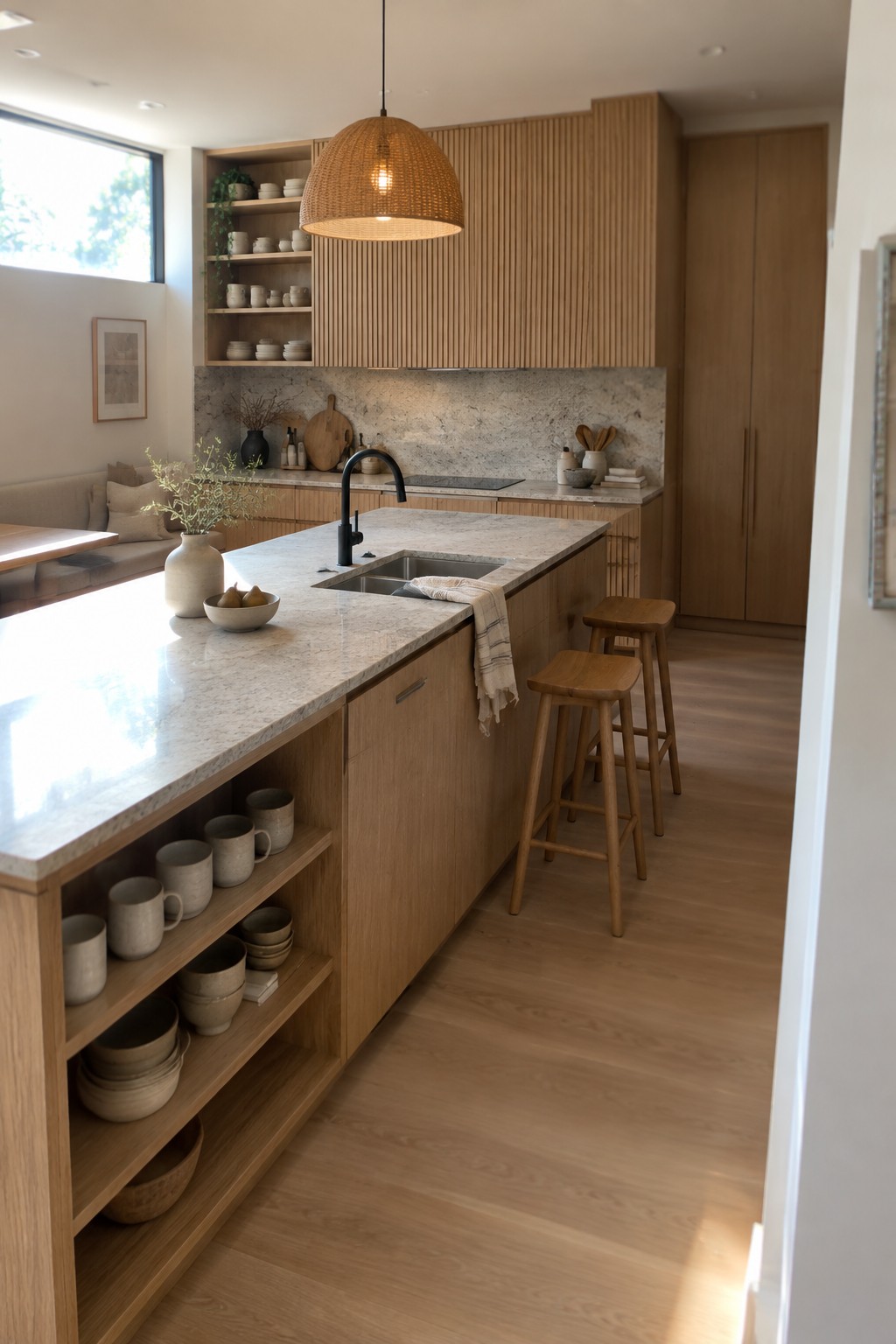 A kitchen interior showing a light wood island with stone countertops, open lower shelving holding ceramic dishes, a black faucet, and two wooden stools on a light wood floor.