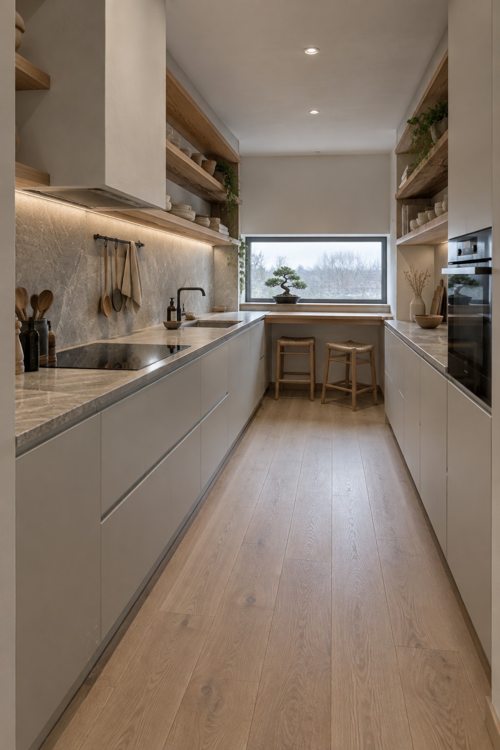 Modern narrow kitchen with marble counters, wooden stools, open shelves, and window view
