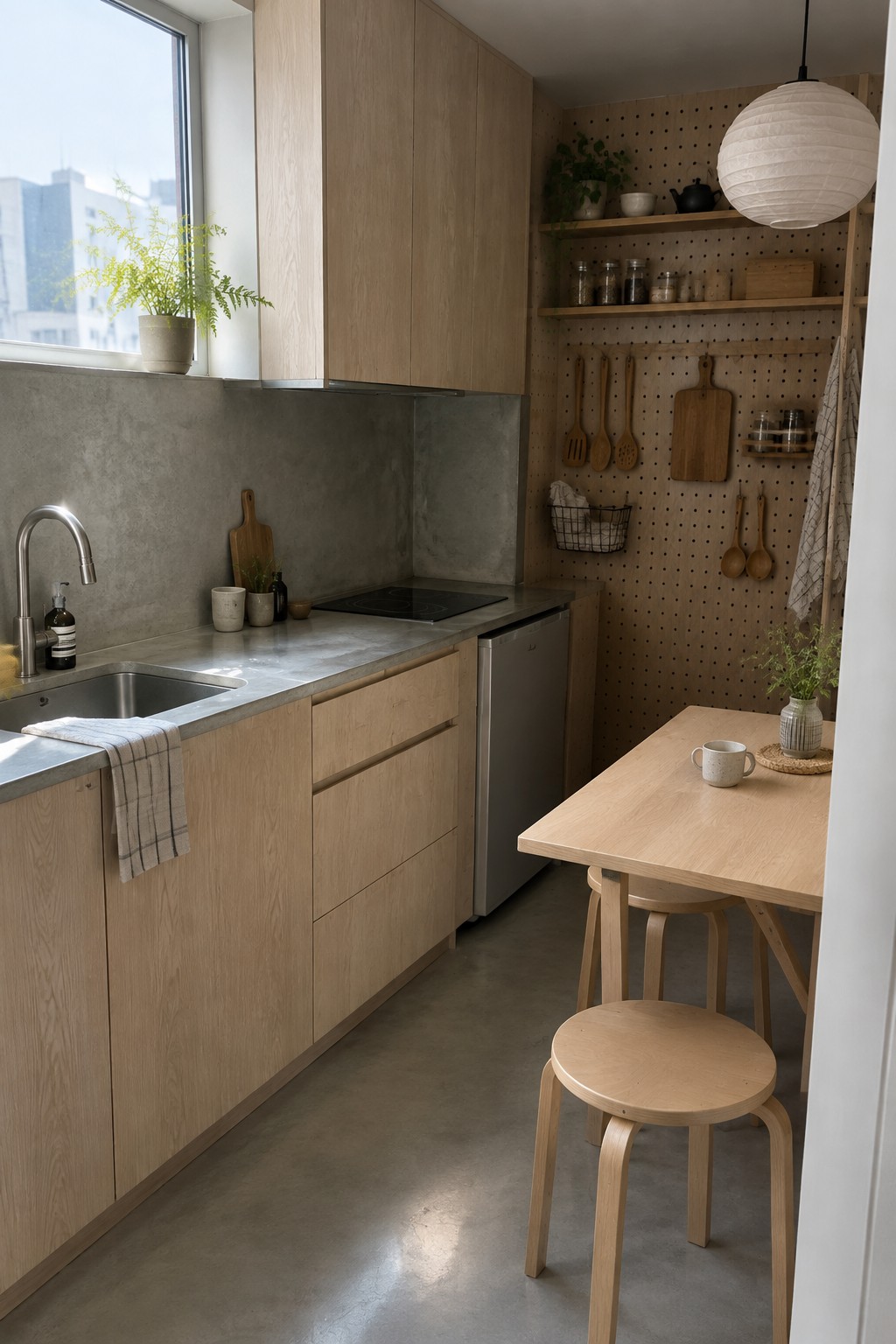 A kitchen with light wood cabinets, concrete countertop and backsplash, stainless steel sink, black induction cooktop, pegboard wall with hanging utensils and shelves, and a light wood dining table with two round stools.