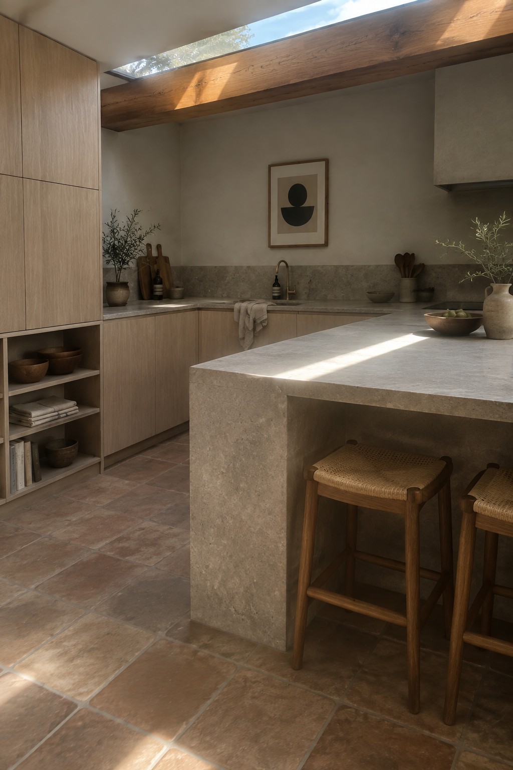 A Japandi kitchen with light wood cabinetry, a large stone island, two wooden bar stools with woven seats, terracotta tile flooring, and a skylight overhead.