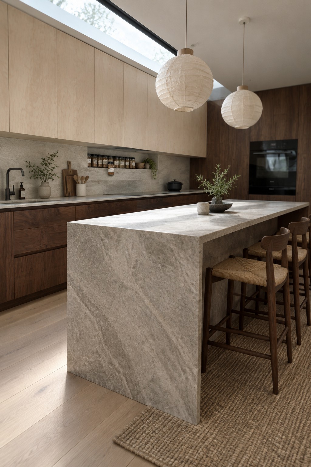 A spacious kitchen with a large veined stone island, four wooden bar stools with woven seats, light wood upper cabinets, dark wood lower cabinets, and two round paper lanterns hanging from the ceiling.