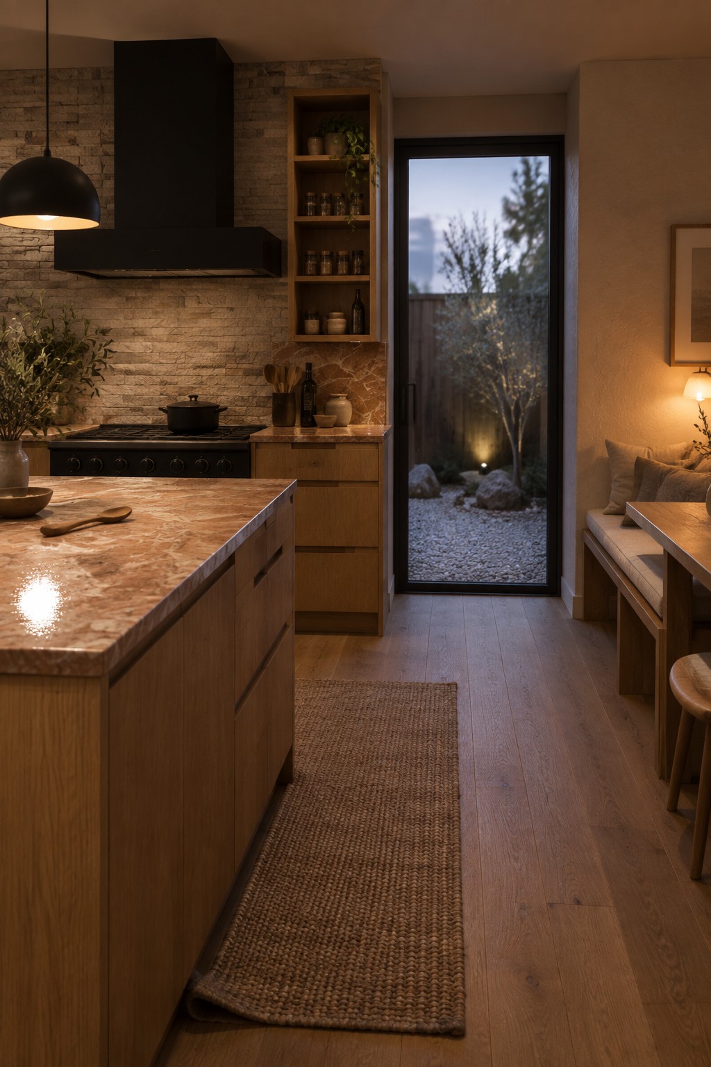 Modern kitchen with marble island, wooden cabinets, woven rug, and glass door to garden
