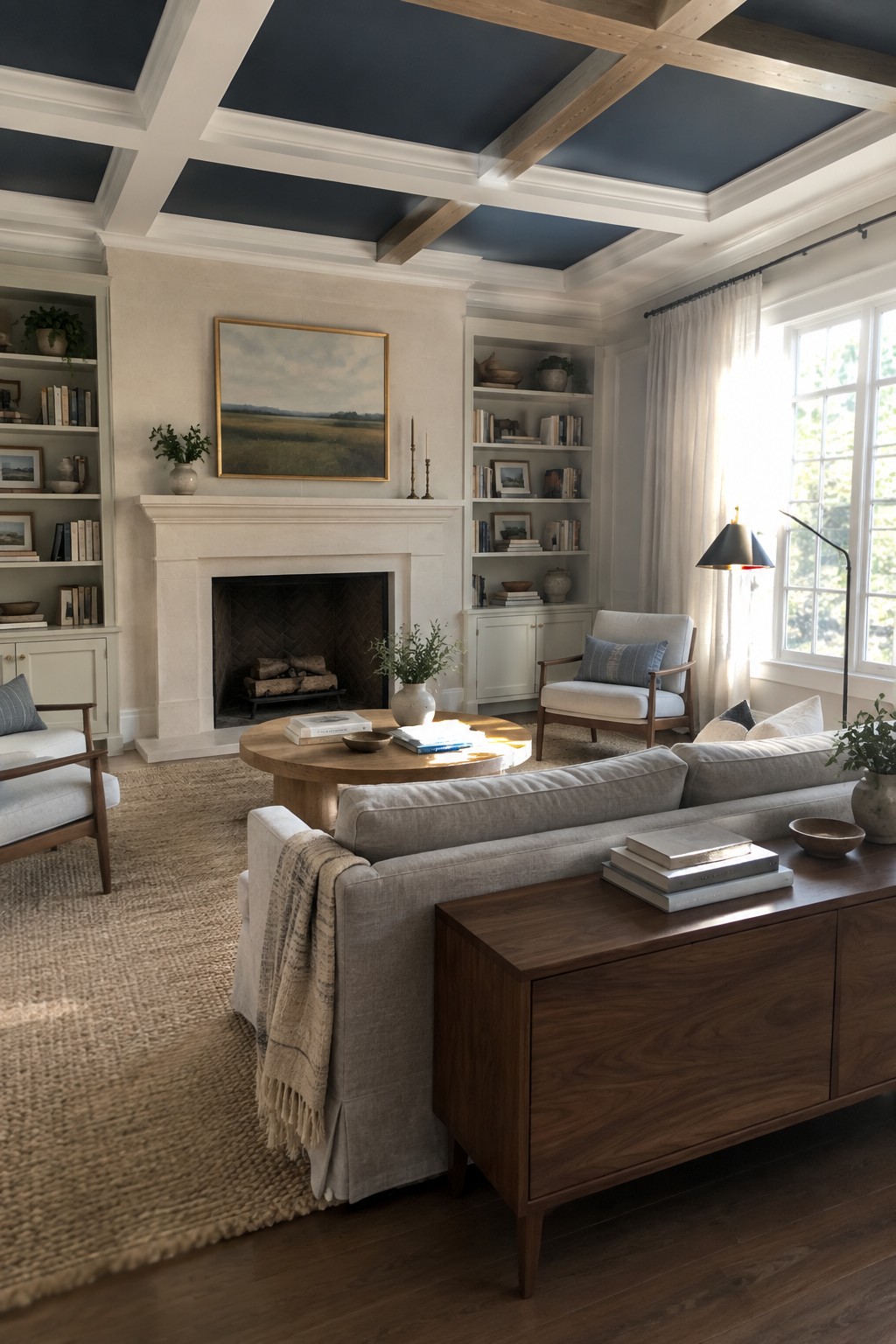 A living room with a dark blue coffered ceiling, exposed wooden beams, white trim, a fireplace, and light-colored seating.