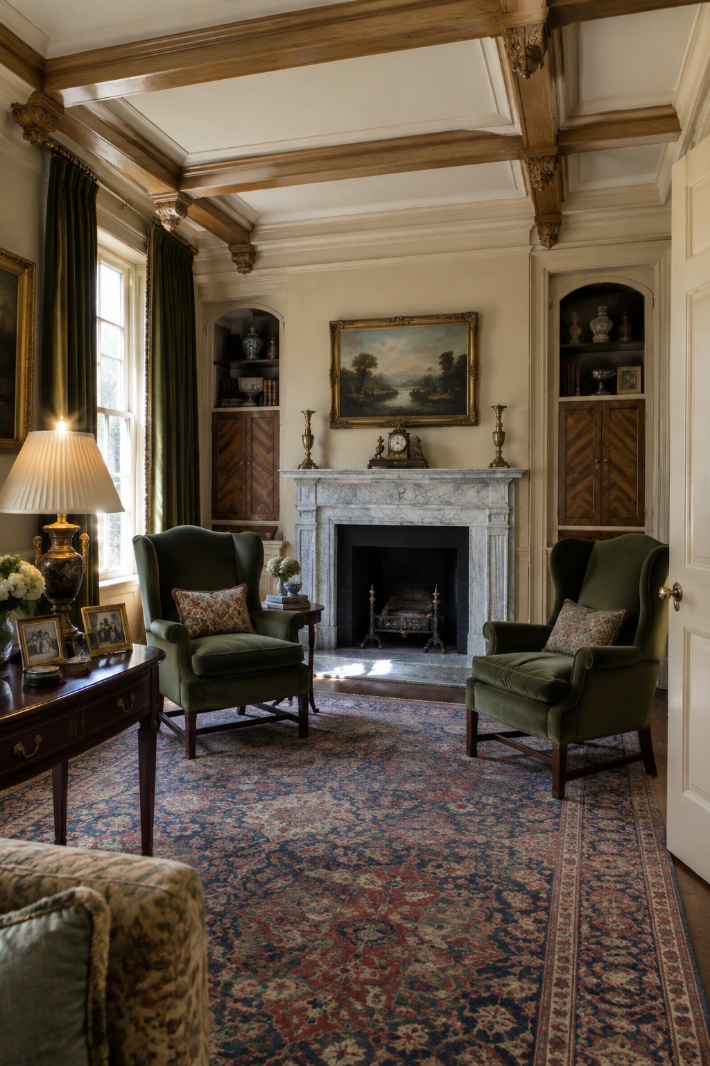 A traditional living room with a coffered ceiling of exposed wooden beams and decorative corbels, a marble fireplace, two green armchairs, and a large patterned rug.